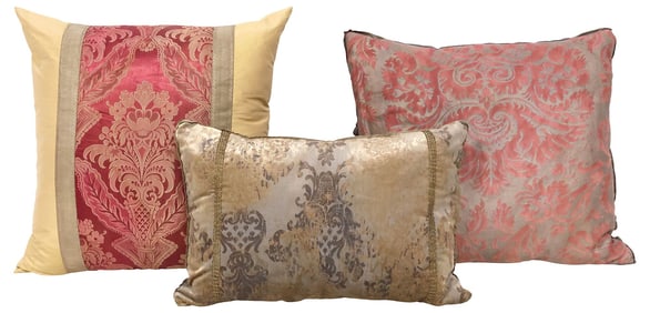(3) CUSTOM FORTUNY, PESCARA, & SILK DAMASK UPHOLSTERED THROW PILLOWS