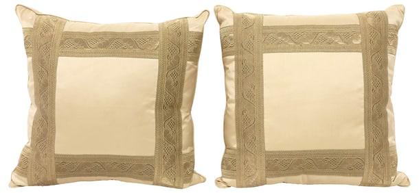 (2) CUSTOM GOLD SILK-UPHOLSTERED THROW PILLOWS WITH METALLIC APPLIQUE