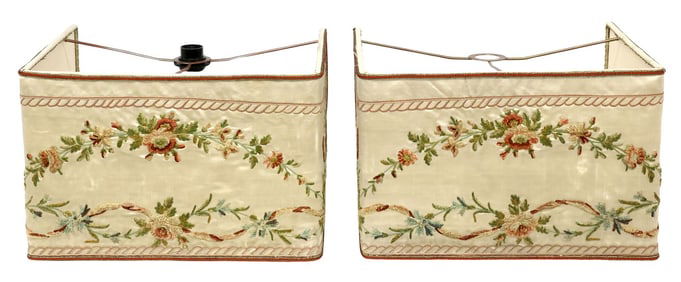 (2) FINE LAMPSHADES WITH ANTIQUE EMBROIDERED SILK UPHOLSTERY