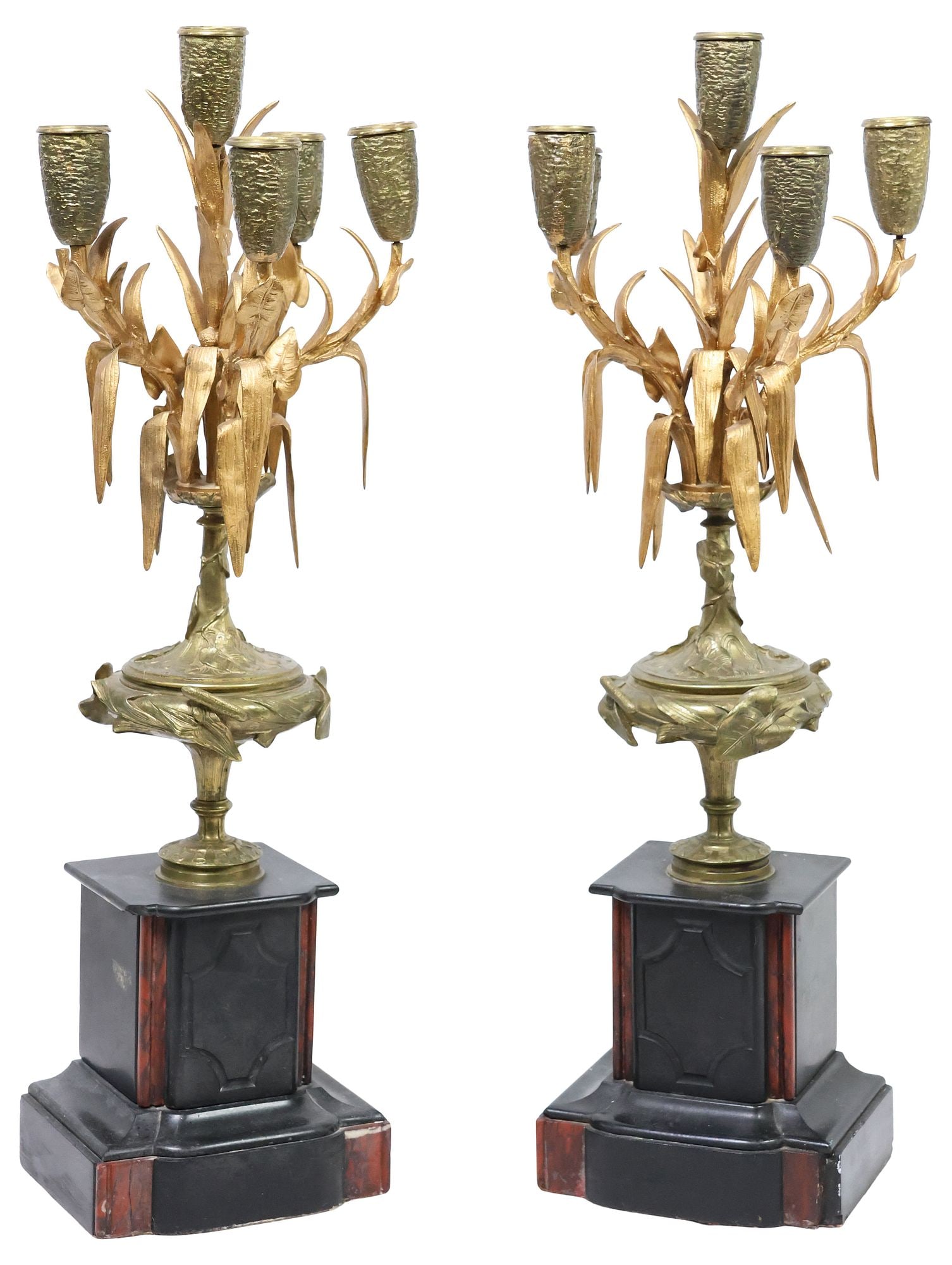 (2) FRENCH NAPOLEON III GILT METAL & SLATE CANDELABRAS / GARNITURES: (pair) French Napoleon III gilt metal garnitures/ candelabras, late 19thc., each having five textured candle cups rising on vine branches, foliated urn-form column, on slate and marble-clad pedestal,