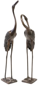 (2) PATINATED BRONZE BIRD SCULPTURES, STANDING CRANES, 25"H