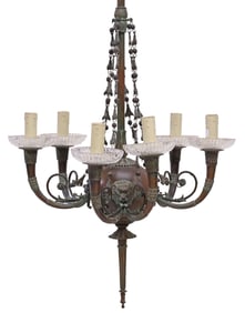 NEOCLASSICAL STYLE PATINATED METAL & CRYSTAL 6-LIGHT CHANDELIER