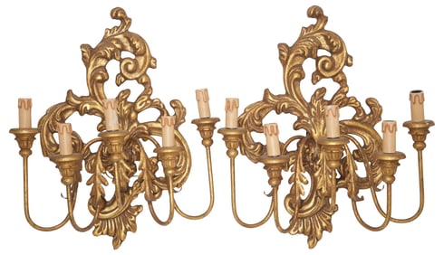 (2) LARGE LOUIS XV STYLE GILTWOOD 4-LT SCROLLWORK SCONCES