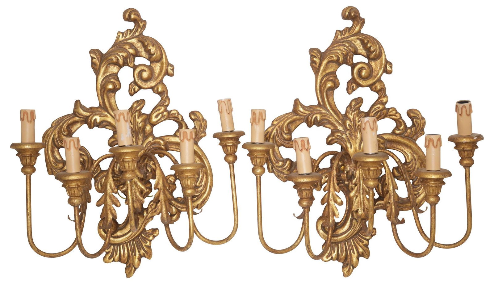 (2) LARGE LOUIS XV STYLE GILTWOOD 4-LT SCROLLWORK SCONCES (1 of 3)