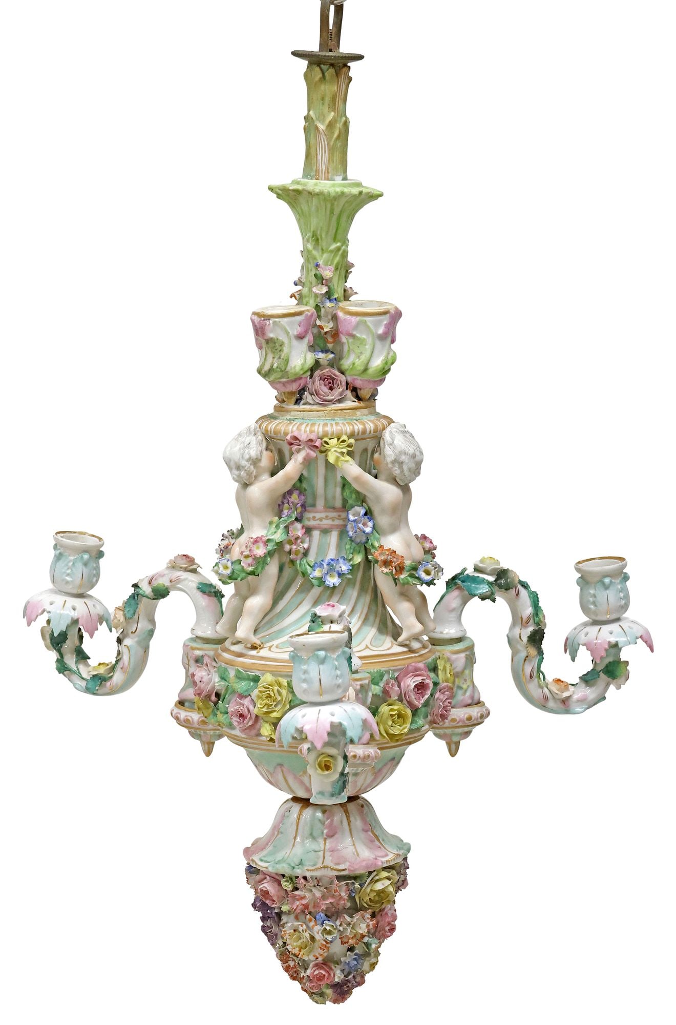 MEISSEN STYLE PORCELAIN FIGURAL 3-LIGHT CANDLE CHANDELIER (1 of 6)