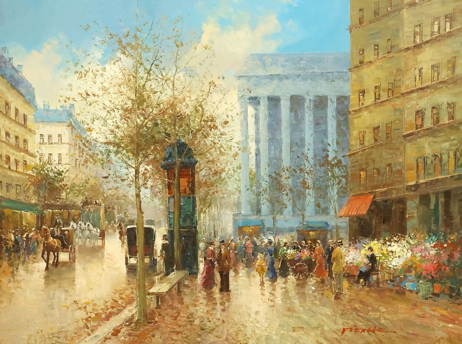 T.E. PENCKE (B.1929) STREET SCENE PAINTING ALONG THE PLACE DE MADELEINE, 36" X 48": Framed oil on canvas painting, Parisian Street Scene with the Church of Saint Mary Magdalene, signed lower left Pencke (T.E. Pencke, active in France, b.1929), sight: approx 35"h, 47"w, overall: appro