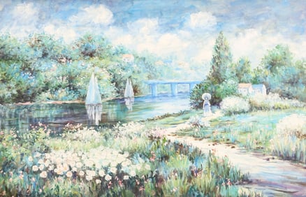 PAUL LAMONT (20TH C.) PAINTING, IMPRESSIONIST BRIDGE LANDSCAPE, 24" X 36"