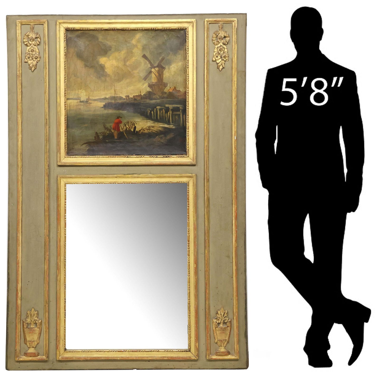 LOUIS XVI STYLE PARCEL GILT TRUMEAU MIRROR WITH DUTCH SCHOOL PAINTING: French Louis XVI style parcel-gilt trumeau mirror, 19th c., rectangular frame in a sage green painted finish, central Dutch School oil on canvas painting, depicting a lone fisherman on a coastline, wi