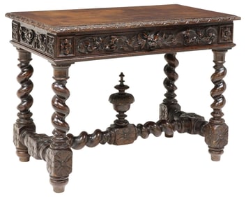 FRENCH HENRI II STYLE CARVED OAK WRITING TABLE / DESK