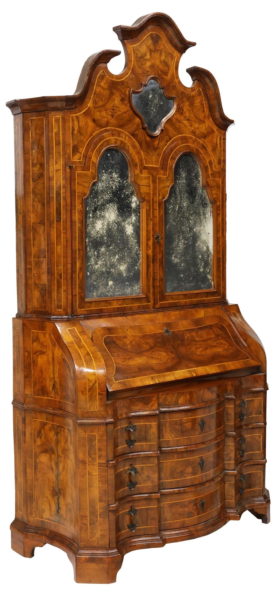 ITALIAN VENETIAN PATCHWORK WALNUT MIRRORED BUREAU BOOKCASE: Italian Venetian patchwork walnut secretary bookcase, 20th c., having shaped crest, over dual mirrored cabinet doors, opening to damask velvet-lined interior, with shelving and three drawers, over dro