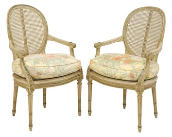 (2) FRENCH LOUIS XVI STYLE PAINTED & CANED FAUTEUILS / ARMCHAIRS