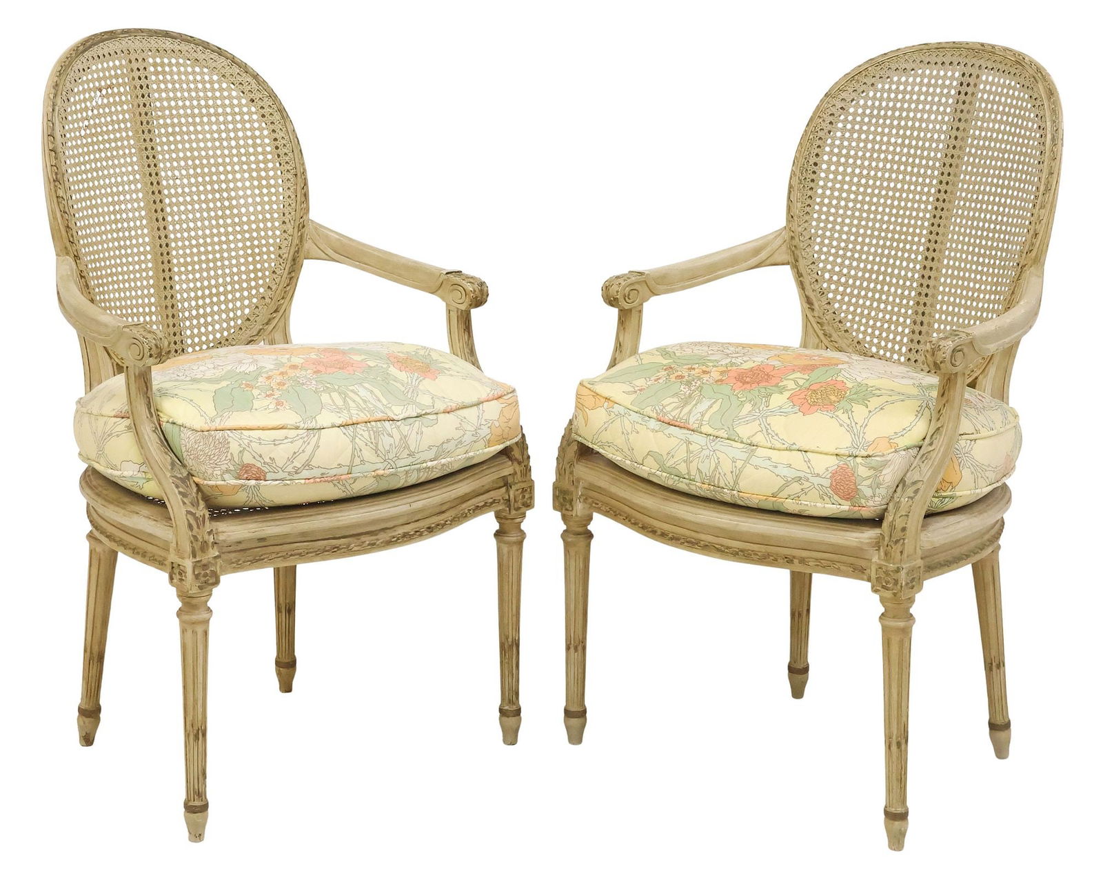(2) FRENCH LOUIS XVI STYLE PAINTED & CANED FAUTEUILS / ARMCHAIRS (1 of 5)
