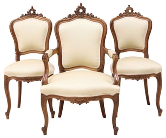 (3) ITALIAN LOUIS XV STYLE CARVED WALNUT ARM & SIDE CHAIRS