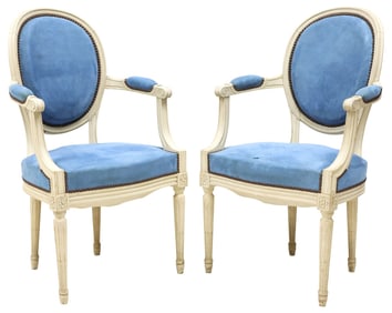 (2) FRENCH LOUIS XVI STYLE UPHOLSTERED ARMCHAIRS / FAUTEUILS