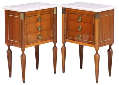 (2) FRENCH LOUIS XVI STYLE MARBLE-TOP MAHOGANY NIGHTSTANDS