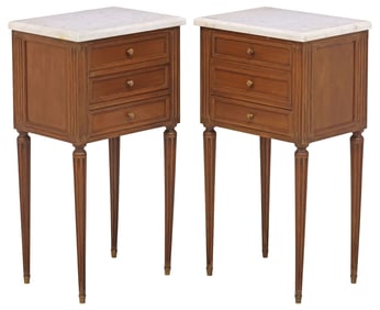 (2) FRENCH LOUIS XVI STYLE MARBLE-TOP MAHOGANY NIGHTSTANDS