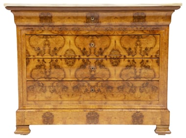 FRENCH LOUIS PHILIPPE PERIOD MARBLE-TOP BURL WALNUT COMMODE