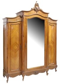 LARGE FRENCH PROVINCIAL MIRRORED & CARVED WALNUT ARMOIRE, 104"H
