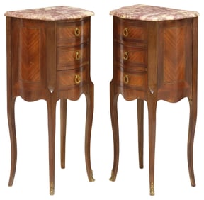 (2) FRENCH LOUIS XV STYLE MARBLE-TOP MATCHED VENEER NIGHTSTANDS