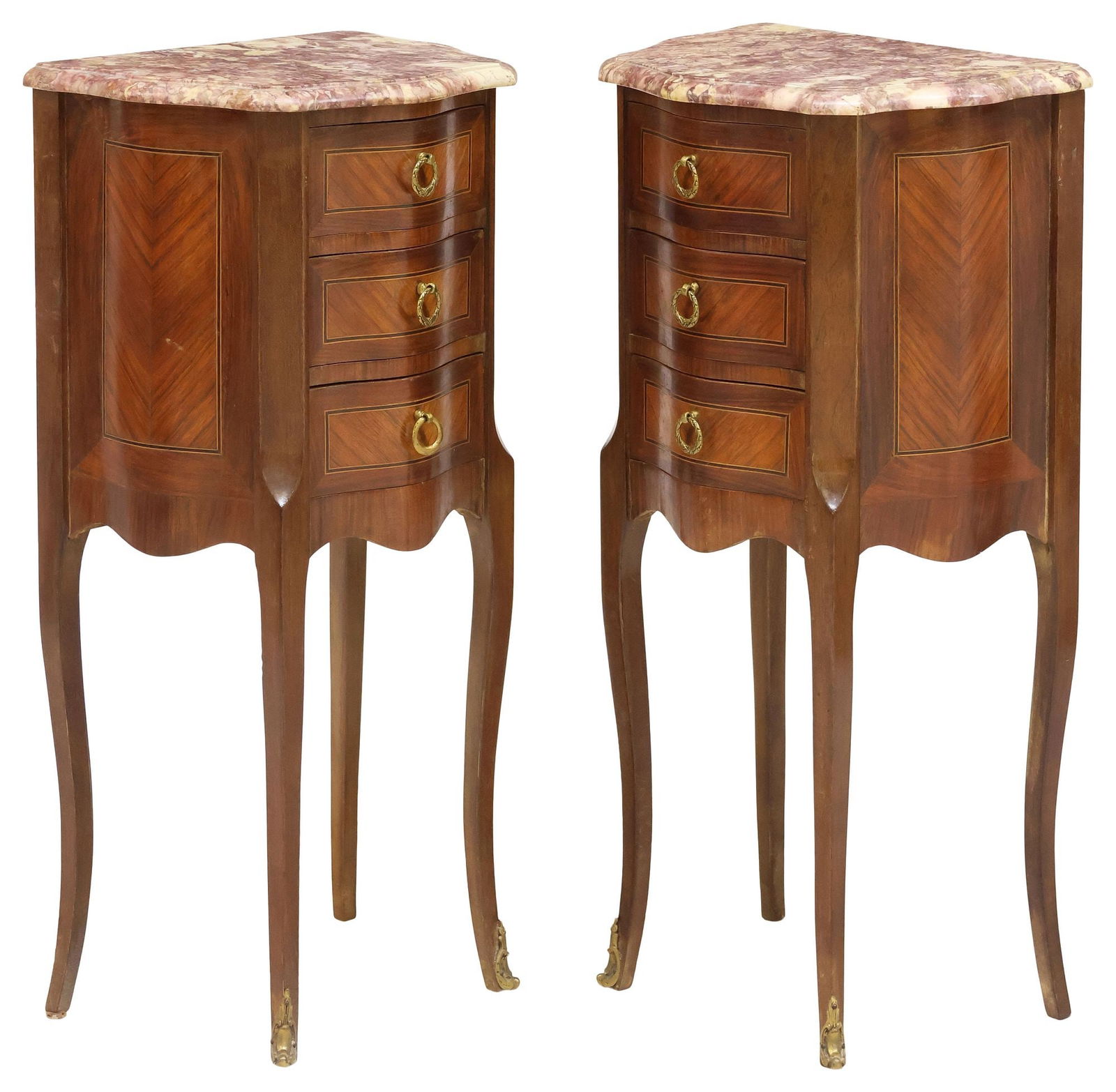 (2) FRENCH LOUIS XV STYLE MARBLE-TOP MATCHED VENEER NIGHTSTANDS (1 of 5)