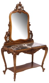LOUIS XV STYLE MARBLE-TOP WALNUT VANITY TABLE & MIRROR