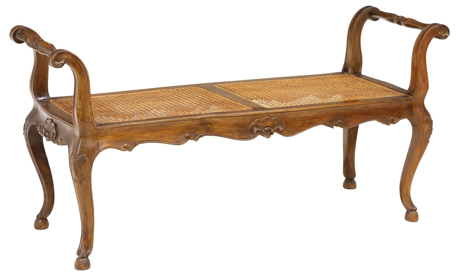 FRENCH PROVINCIAL LOUIS XV STYLE CANED WALNUT BENCH (1 of 4)