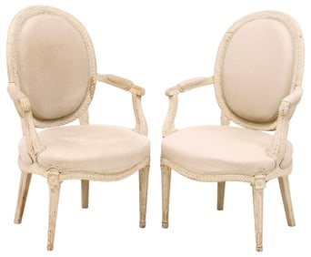 (2) FRENCH LOUIS XVI STYLE UPHOLSTERED ARMCHAIRS/ FAUTEUILS