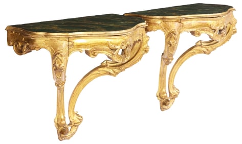 (2) ITALIAN LOUIS XV STYLE GILTWOOD WALL BRACKET CONSOLE TABLES