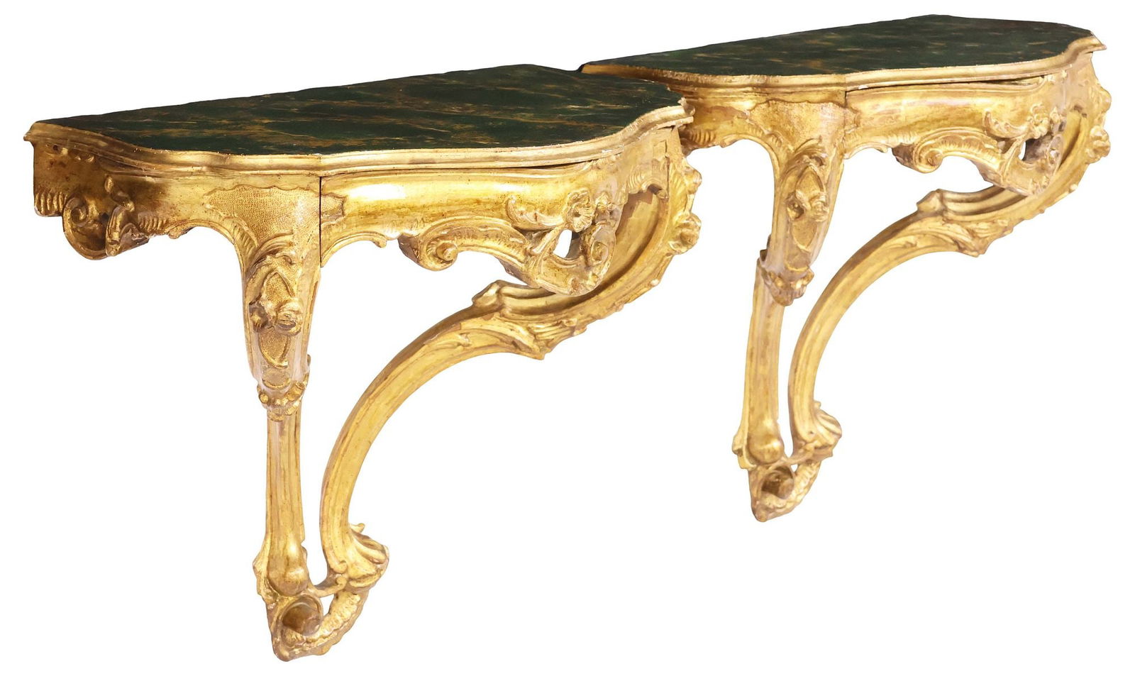 (2) ITALIAN LOUIS XV STYLE GILTWOOD WALL BRACKET CONSOLE TABLES: (pair) Italian Louis XV style giltwood wall-mounted console tables, 19th c., having shaped top in a painted marbleized finish, pierced apron fitted with shallow drawer, molded floral motifs and scroll