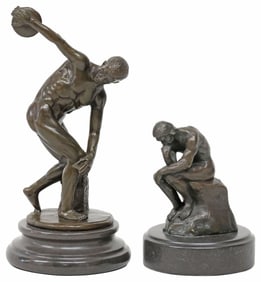 (2) PATINATED BRONZE SCULPTURES, 'THE THINKER' AFTER RODIN & DISCOBOLUS