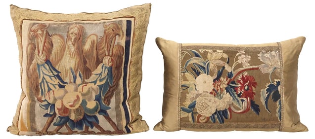 (2) CUSTOM THROW PILLOWS WITH ANTIQUE TAPESTRY UPHOLSTERY