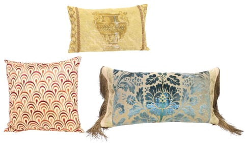 (3) FINE DOWN-FILLED THROW PILLOWS WITH ANTIQUE TEXTILE FRAGMENTS
