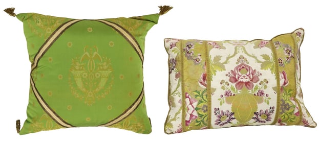(2) FINE ANTIQUE SILK DAMASK DOWN-FILLED THROW PILLOWS