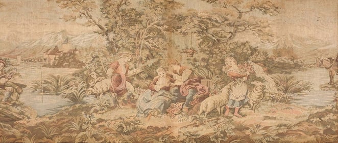 FRAMED AUBUSSON STYLE TAPESTRY, PASTORAL COURTSHIP SCENE