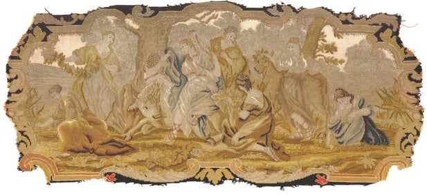 FRENCH NEEDLEPOINT & PETITE-POINTE FRAGMENT WITH MYTH OF EUROPA, 43"L