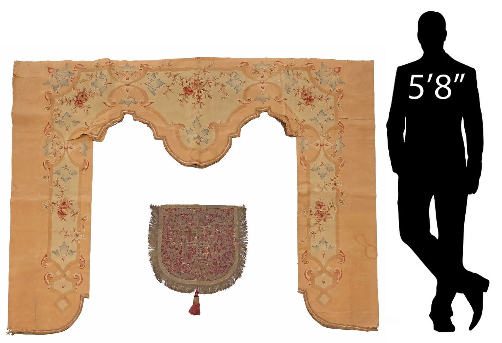 (2) CONTINENTAL SILK DOOR SURROUND & LITURGICAL EMBROIDERED BANNER: (lot of 2) Continental liturgical textiles, including: (1) architectural door surround, dyed silk with raised crewel embroidery framing floral and foliate motifs, brown lining fabric, scattered stable