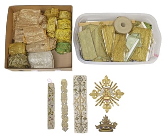 (LOT) COLLECTION OF ANTIQUE METALLIC THREAD UPHOLSTERY TRIM & BROCADE RIBBON