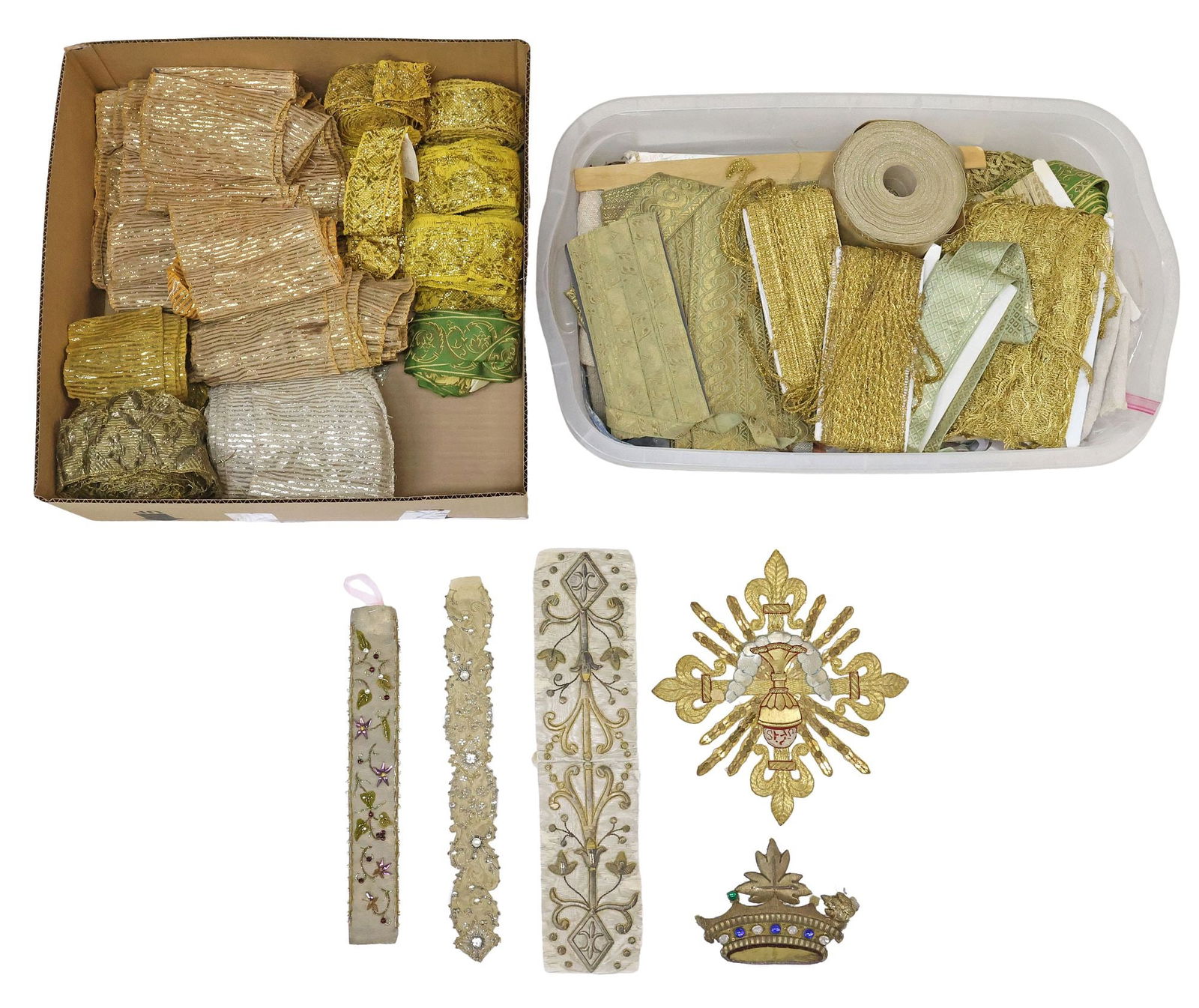 (LOT) COLLECTION OF ANTIQUE METALLIC THREAD UPHOLSTERY TRIM & BROCADE RIBBON (1 of 4)