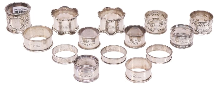 (14) ENGLISH STERLING AND SILVERPLATE NAPKIN RINGS, GORHAM & OTHERS