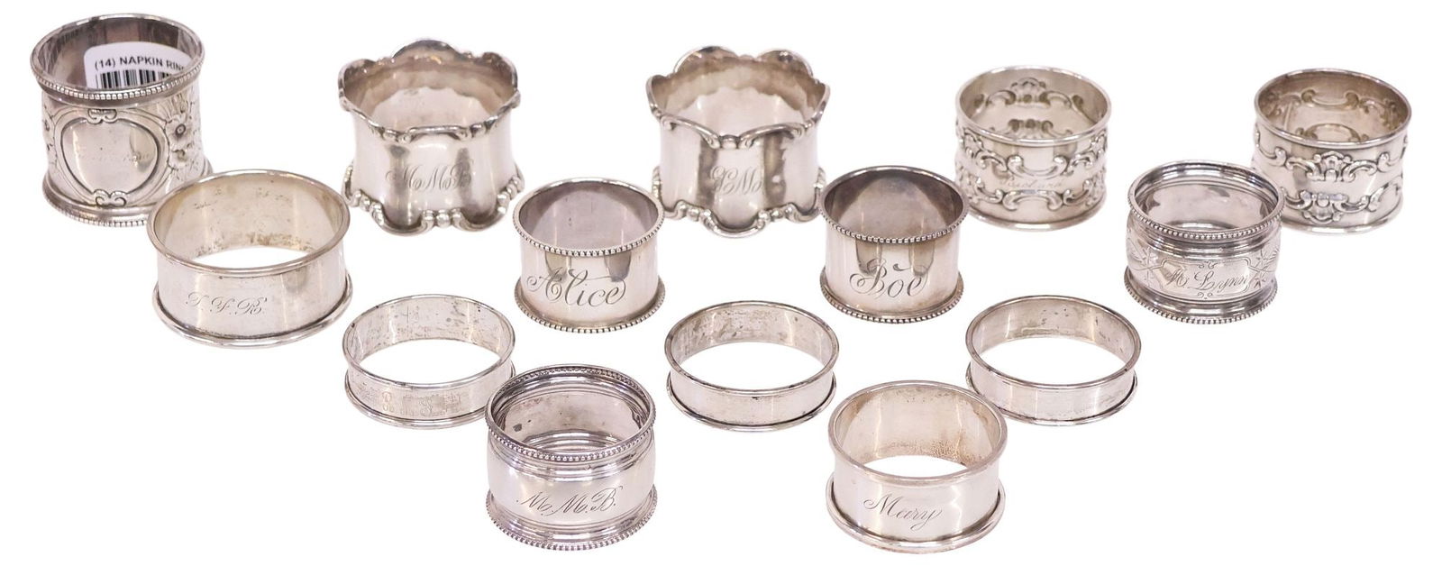 (14) ENGLISH STERLING AND SILVERPLATE NAPKIN RINGS, GORHAM & OTHERS: (lot of 14) English sterling silver and silverplate napkin ring holders, most with monogram, including: (11) sterling silver, various patterns and makers, Gorham, Reed & Barton, and others, 6.34ozt; (