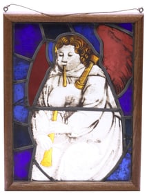 STAINED & REVERSE-PAINTED GLASS PANEL IN OAK FRAME, ARCHANGEL GABRIEL