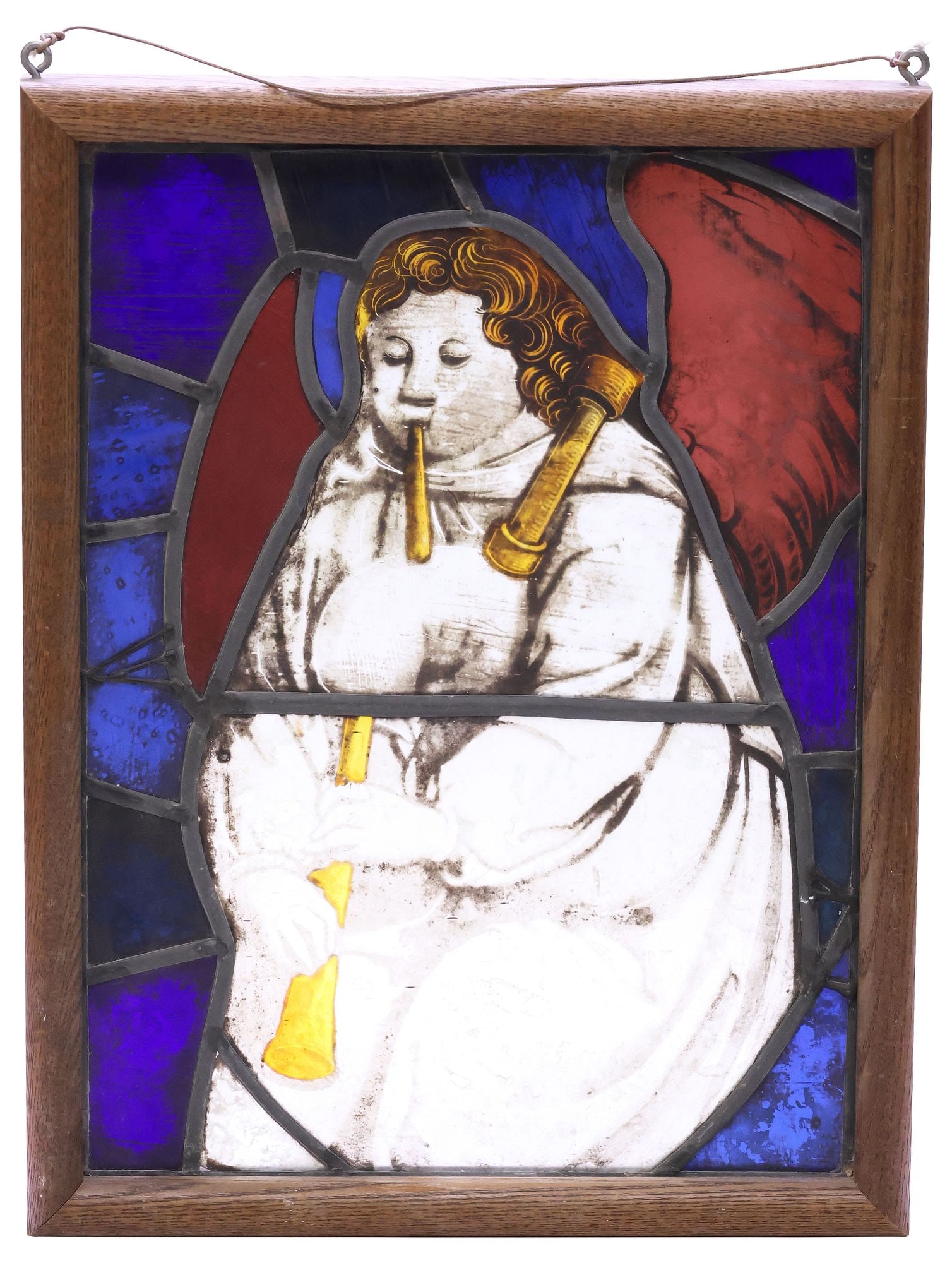 STAINED & REVERSE-PAINTED GLASS PANEL IN OAK FRAME, ARCHANGEL GABRIEL (1 of 3)