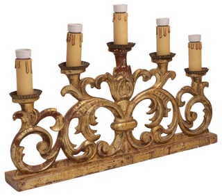 ITALIAN ECCLESIASTICAL SCROLLED GILTWOOD 5-LIGHT ALTAR CANDELABRA