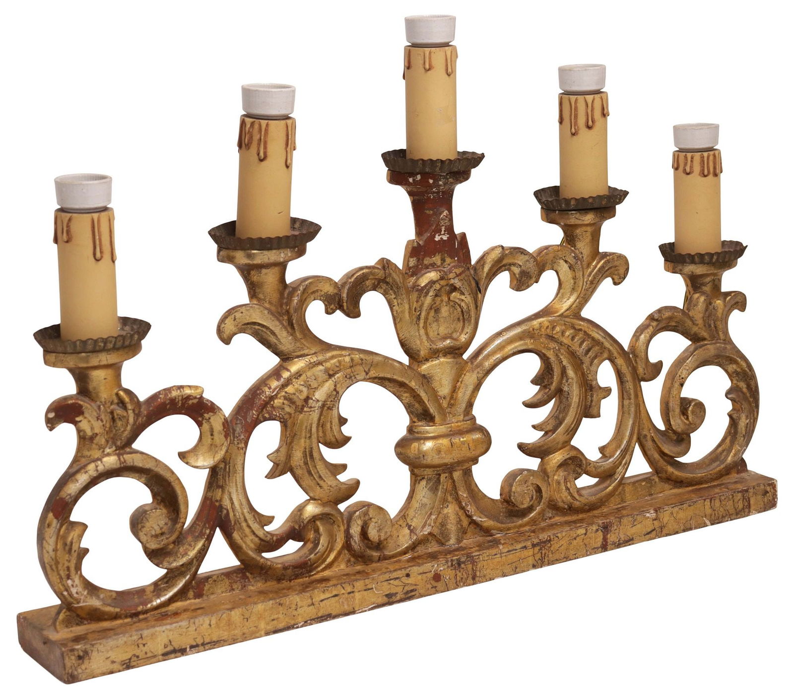 ITALIAN ECCLESIASTICAL SCROLLED GILTWOOD 5-LIGHT ALTAR CANDELABRA (1 of 3)