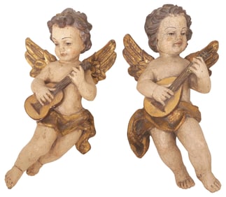 (2) ITALIAN CARVED PARCEL GILT ARCHITECTURAL MUSICAL WINGED PUTTI