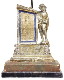 CONTINENTAL CARVED SILVER GILT FIGURAL PUTTO & SCROLL 1-LT TABLE LAMP