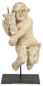 ITALIAN CARVED WOOD & GESSO FIGURAL PUTTO WALL PRICKET ON STAND
