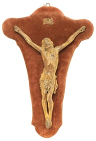 ITALIAN CARVED WOOD FIGURAL SCULPTURE, CORPUS CHRISTI ON CRUCIFIX MOUNT