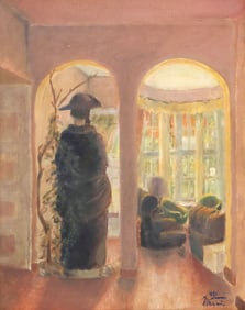 SIGNED PAINTING ON CANAS, INTERIOR SCENE WITH WOMAN IN HAT