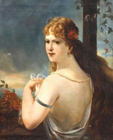 CONTINENTAL SCHOOL OIL PAINTING, PORTRAIT OF A YOUNG LADY WITH PEARLS